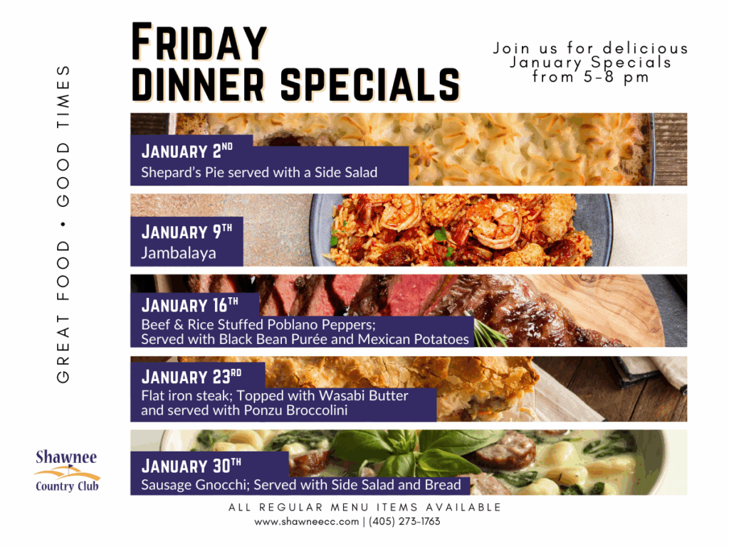 Dinner Specials listing all the specials for the month of January