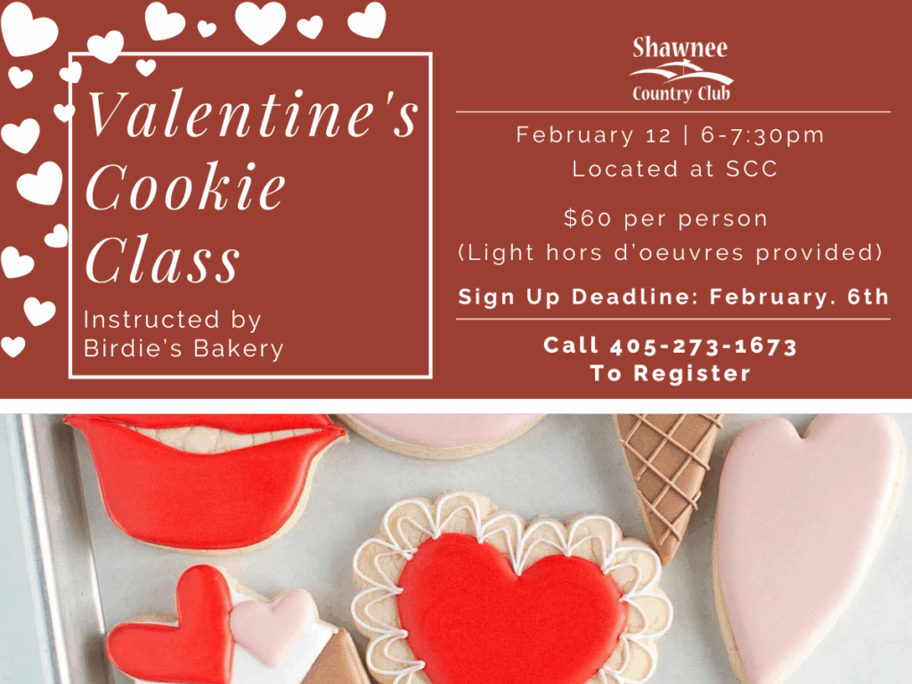 Graphic with decorative cookies and details on the Valentine's Cookie Class