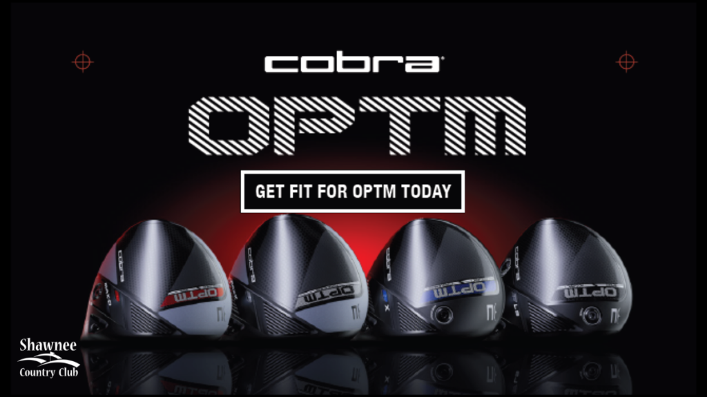 Promotional graphic for a Cobra Golf fitting event at Shawnee Country Club. The top of the image features the Cobra logo above the word "OPTM" in a large, bold, striped font. Below this, a call to action reads "GET FIT FOR OPTM TODAY". The center displays a row of four different Cobra OPTM driver heads—labeled MAX D, MAX, X, and LS—showing various weight configurations and color accents in red, silver, and blue. Small red crosshair icons are positioned in the upper corners, and the Shawnee Country Club logo is located in the bottom left corner.