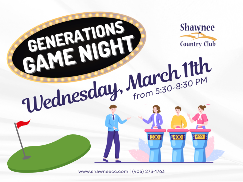 Generations Game Night at Shawnee Country Club. A game show-themed graphic featuring a host and three contestants at podiums. Event takes place Wednesday, March 11th from 5:30-8:30 PM. Includes golf-themed imagery and the Shawnee CC logo.