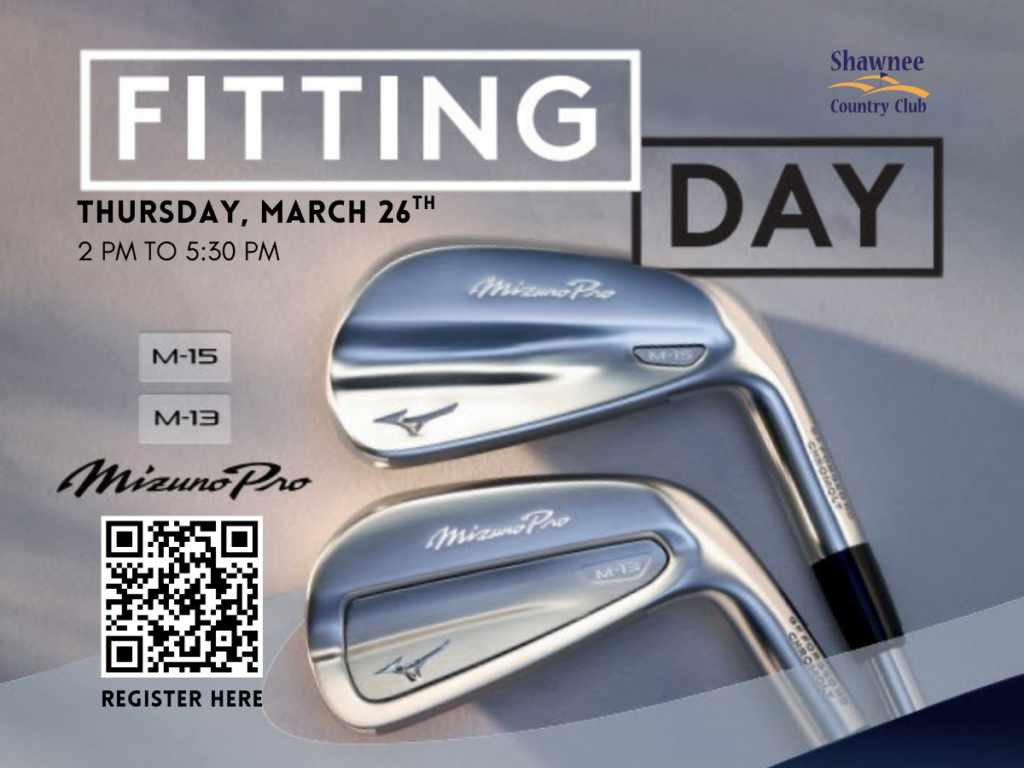 Promotional flyer for a Fitting Day at Shawnee Country Club. The image showcases two Mizuno Pro irons: the M-15 and the M-13. The event details are listed as Thursday, March 26th, from 2 PM to 5:30 PM. A QR code is included in the bottom left corner with the prompt "Register Here"