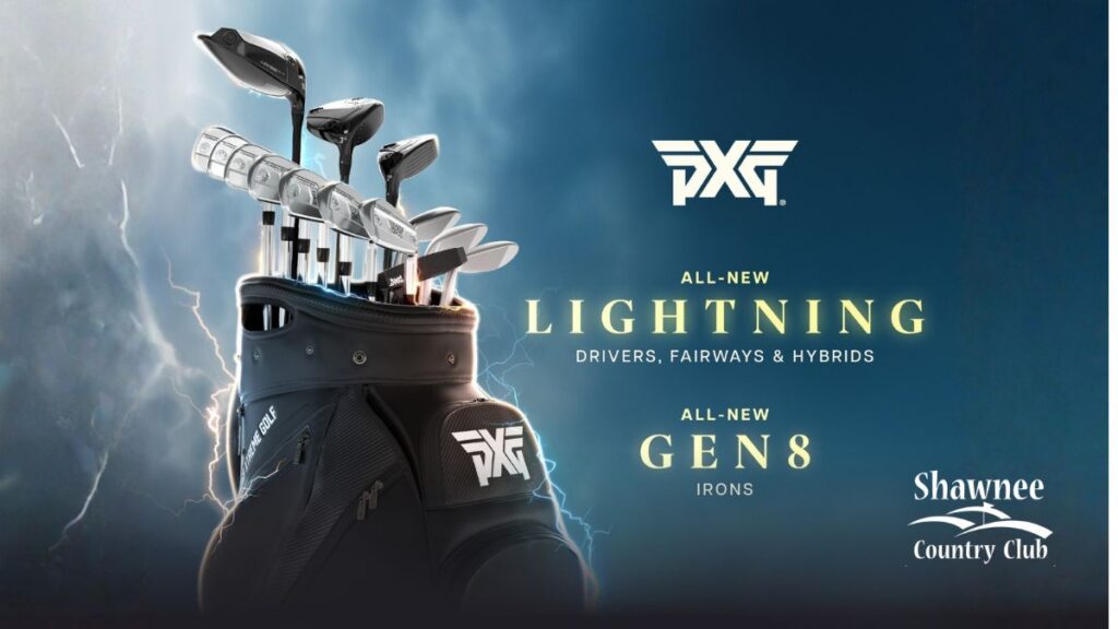 Promotional graphic for a PXG Fitting Day at Shawnee Country Club. The image features a black PXG golf bag filled with clubs, set against a dramatic dark blue background with glowing lightning bolts.