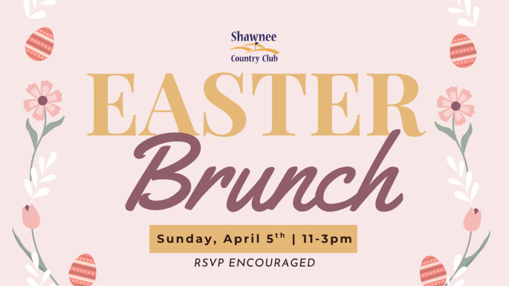 A promotional graphic for Shawnee Country Club announcing their Easter Brunch. The image has a light pink background decorated with illustrated pink flowers and orange-and-white striped Easter eggs along the left and right margins.
