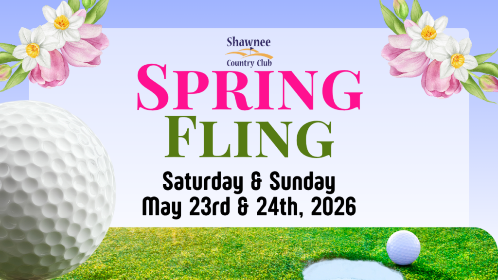Graphic for Shawnee Country Club’s "Spring Fling" golf tournament. The text features "Spring" in bright pink and "Fling" in green, scheduled for Saturday and Sunday, May 23rd and 24th, 2026. The background includes watercolor pink tulips and white daffodils, with a large golf ball on the left and a green putting green at the bottom.