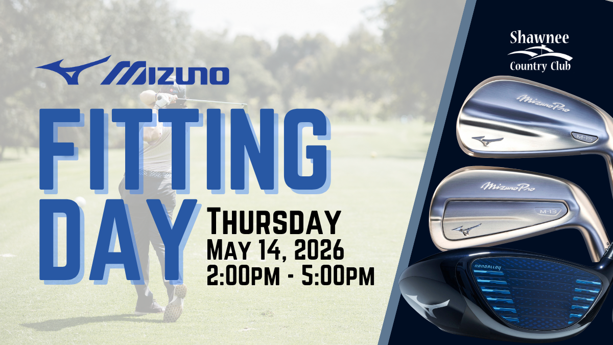 Promotional graphic for a Mizuno Fitting Day at Shawnee Country Club. The left side shows a golfer mid-swing on a green golf course with large blue text overlaying the image that reads "Mizuno Fitting Day". The event details are listed as Thursday, May 14, 2026, from 2:00 PM – 5:00 PM. On the right side, a dark blue diagonal panel features the Shawnee Country Club logo and close-up images of three Mizuno golf clubs: two Mizuno Pro irons and one driver with blue "NANGALLOY" detailing.