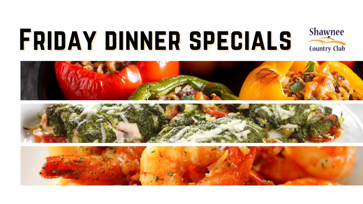 Promotional graphic for Shawnee Country Club Friday Dinner Specials in March. The image features four stacked close-up photos of the featured dishes: Creamy Dijon Penne with Kielbasa, Bacon-Wrapped Black Cod, Beef Bourguignon, and Garlic Shrimp Stir-Fry.