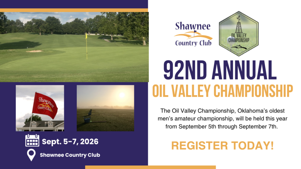 Event banner for the 92nd Annual Oil Valley Championship at Shawnee Country Club, taking place September 5–7, 2026. Text reads: "REGISTER TODAY!"